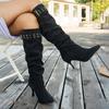 Fashion Buckle Strap High Heel Long Boots for Women Fashion Pointed Toe Stiletto Heeled Party Shoes Women Pleated Design Knee High Boots