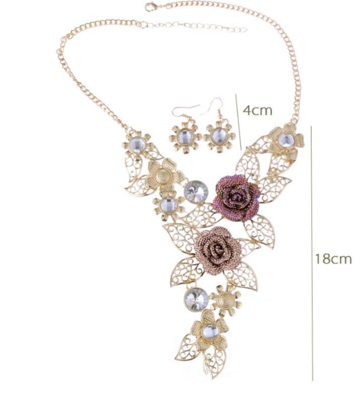 Women Retro Necklace Alloy Hollow Flower Diamond Necklace Stud Earrings Sets