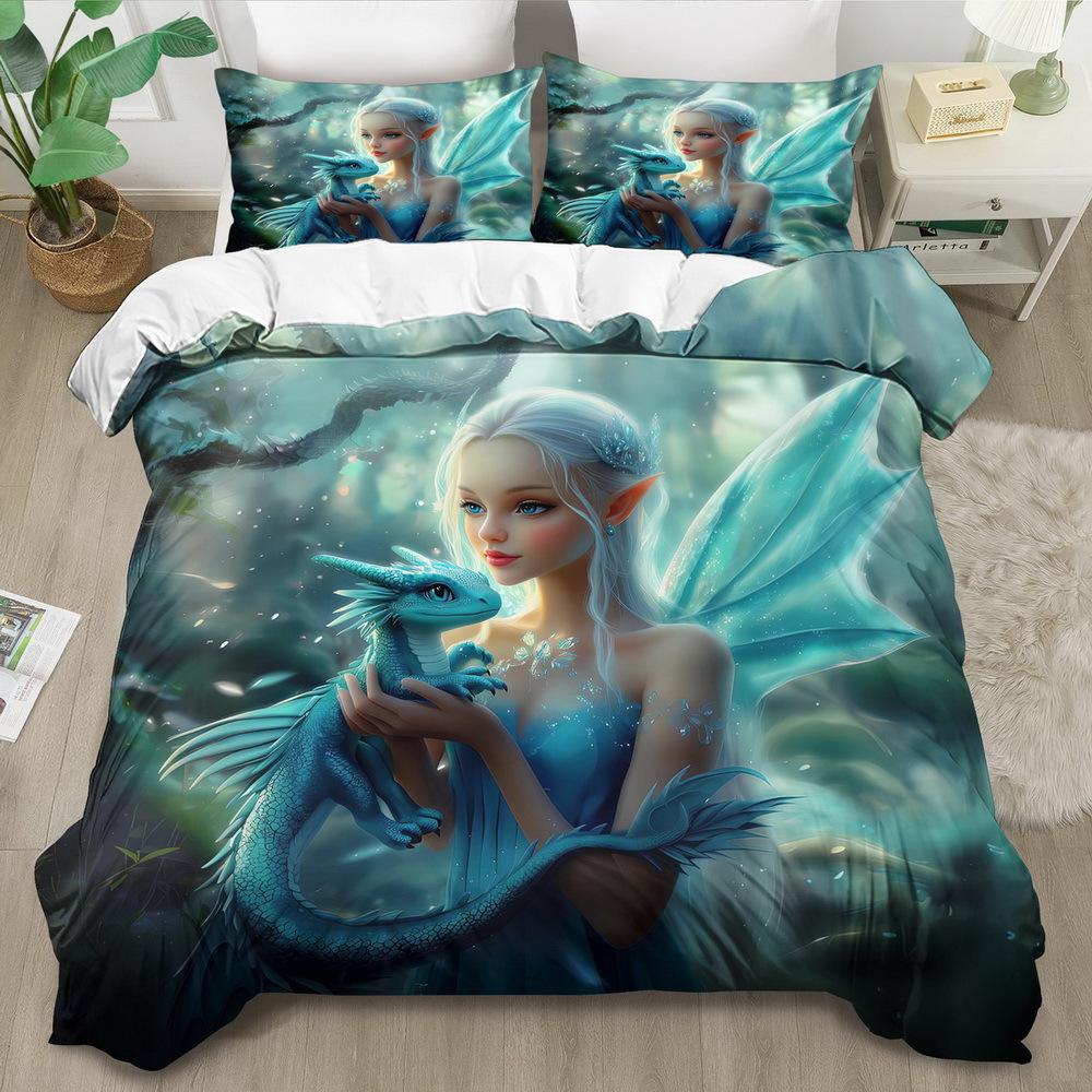 3 stk Hvid & Sort Drager Holder Jorden Sengetøjssæt 3D Printet Fantasy Dynebetrækssæt med Pudebetræk til Soveværelse