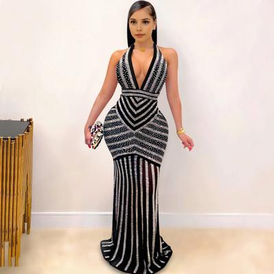 Damen Abendkleid Tiefer V-Ausschnitt Neckholder Gestreift Schimmernder Strass Dekor