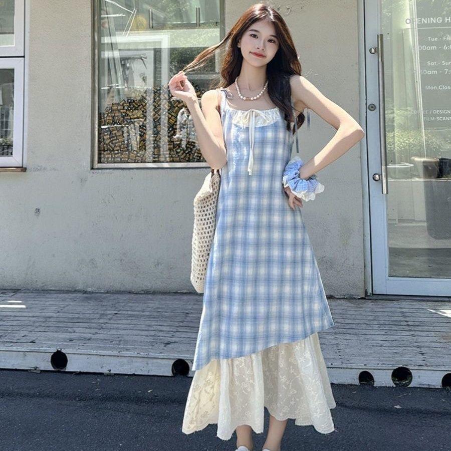 Lace Patchwork Plaid Sling Dress - Women's Summer 2025 New Loose Slimming Two-Piece Skirt.