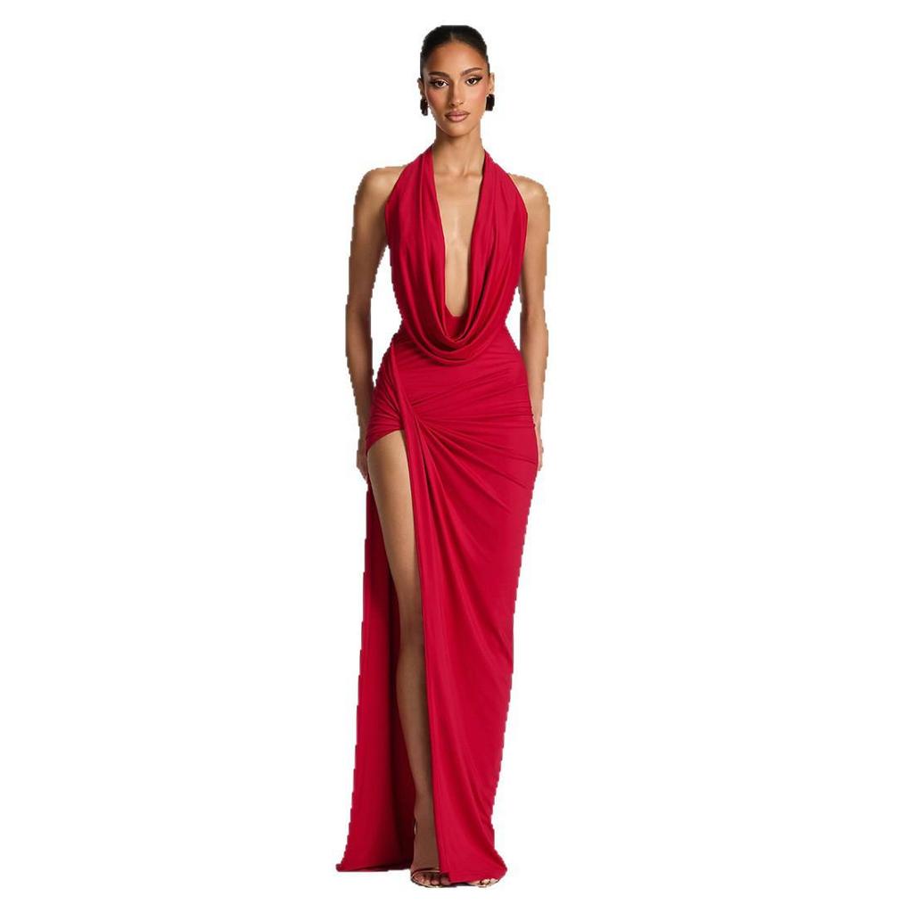 2026 Spring Women's Sexy Deep V-Neck Halter Backless Slit Pleated Bodycon Dress
