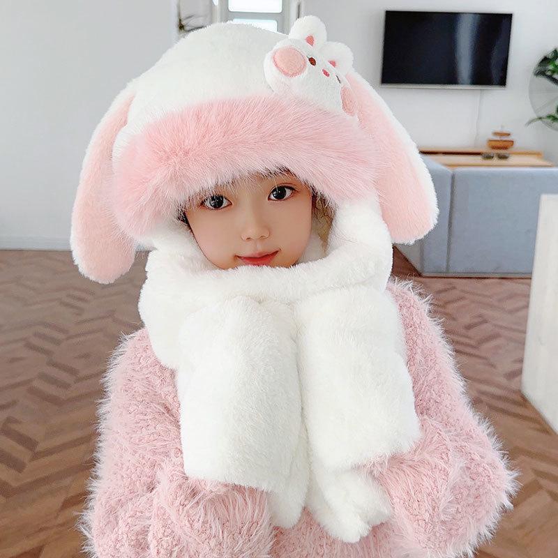 Cute Rabbit Ear Children's Hat & Scarf Combo - Plush, Warm, and Movable Ears for Girls.