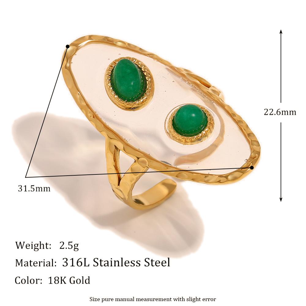 MamacitaSlay Unique 18K Gold Plated Stainless Steel Natural Stone Opening Ring Waterproof Jewelry Women's Retro Elegant Jewelry