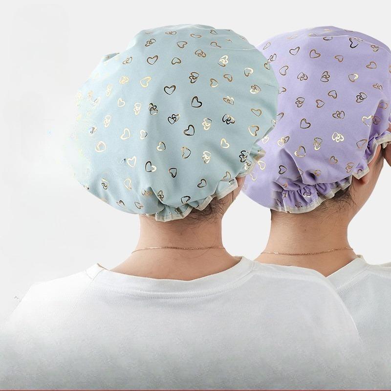 Double-layer Shower Cap  Waterproof Hair Cap  Gold-embossed Printed Polyester-cotton PEVA Shower Cap  Women's Bathing and Bathing Style