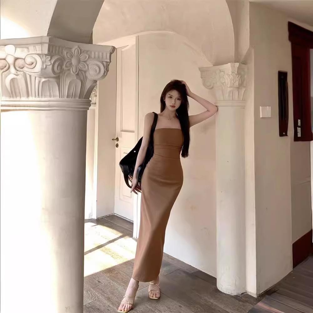 Sweet Spice Girl One-word Shoulder Tub Top Dress Women's Summer Pure Desire Bottom Inner Skirt Elastic Split Hip Wrap Long Dress
