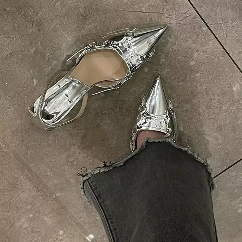 Silver High Heels Sandals Women Summer 2024 Punk Goth Pointed Toe Party Shoes Woman Metallic Thin Heeled Dress Pumps Ladies