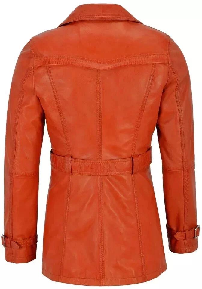 Handmade Lambskin Genuine Leather Casual Women Trench Coat Stylish Orange