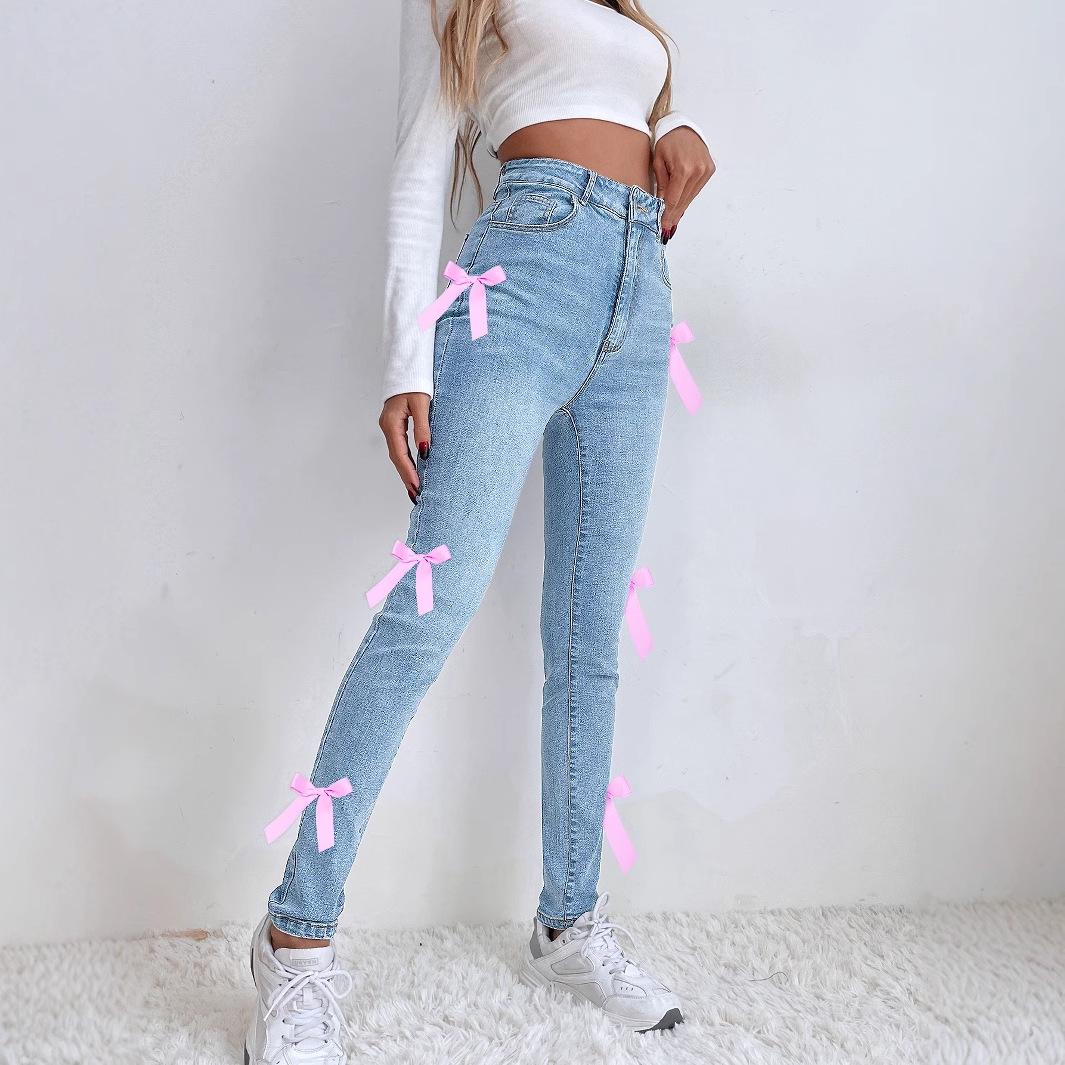 

Women s Trendy Bow Elastic Denim Pants Large