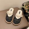 Grid Linen Lace Casual Non-slip Breathable Large Size Ethnic Style Linen Lace Casual Flat-bottomed Slippers Women