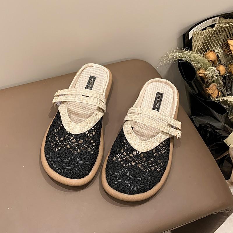 Grid linen lace casual non-slip breathable large size ethnic style linen lace casual flat-bottomed slippers women