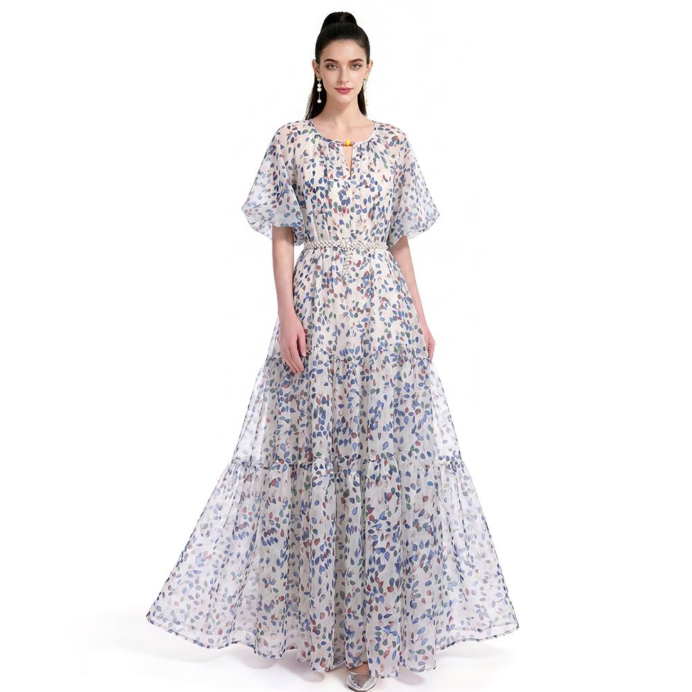 Summer Holiday Vacation Flower Print Long Maxi Dress Bohemian O-neck Short Sleeve High Waisted Chiffon Party Dresses Casual Robe