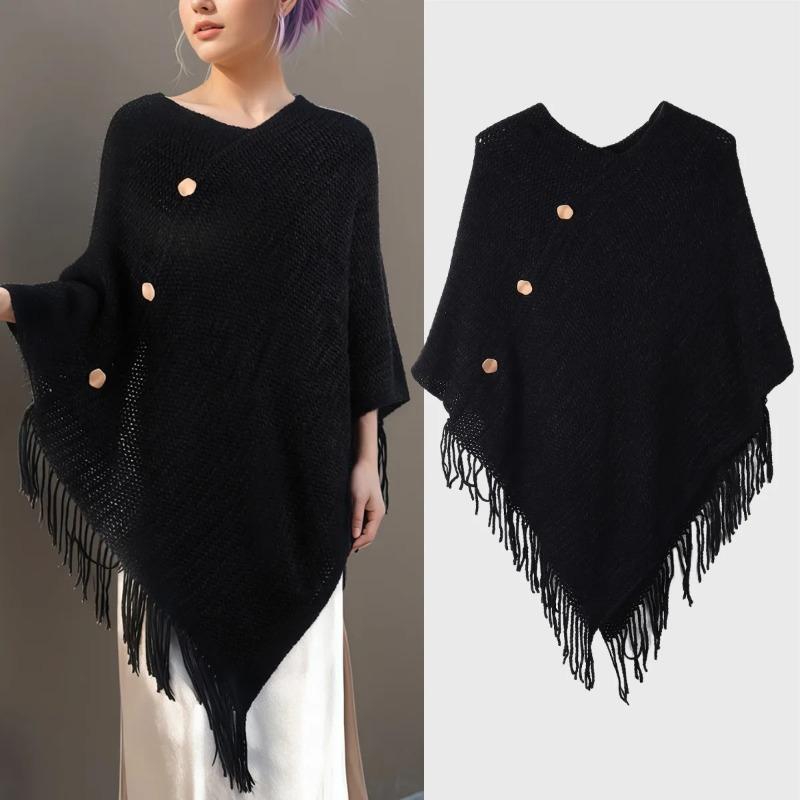 Women's Tassel Shawl Fake Buttons Solid Color Suitable Fashionable Wear Mothers Friends