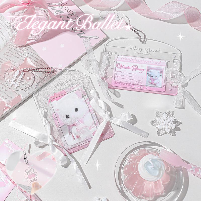 Ballet Series Transparent PVC Card Holder with Ribbon 3 Inch Kpop Photocard Frame Lovely Photocard Sleeves for Girl Bag Pendant