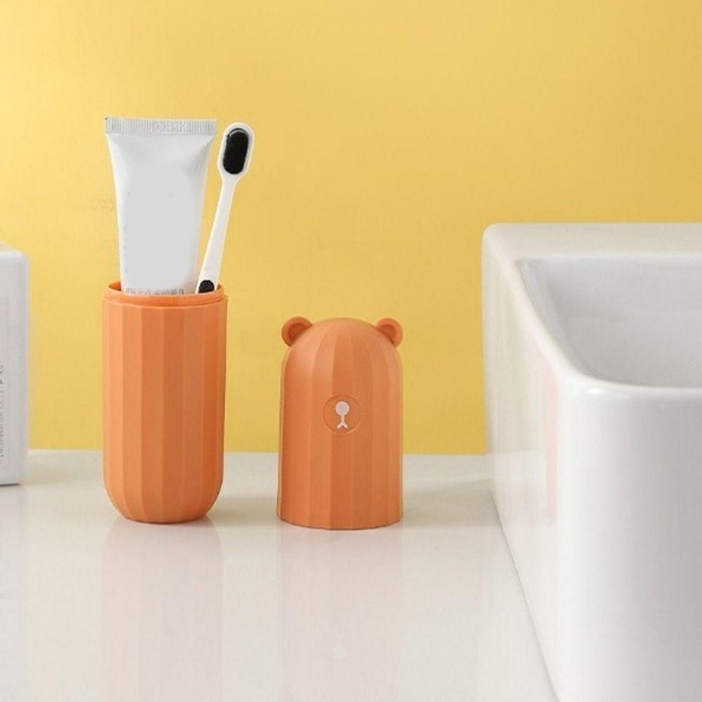 Plastic Travel Toothbrush Cup Large Capacity Waterproof Toothpaste Holder Dust-proof Cartoon Bear Toiletries Storage Cup Travel