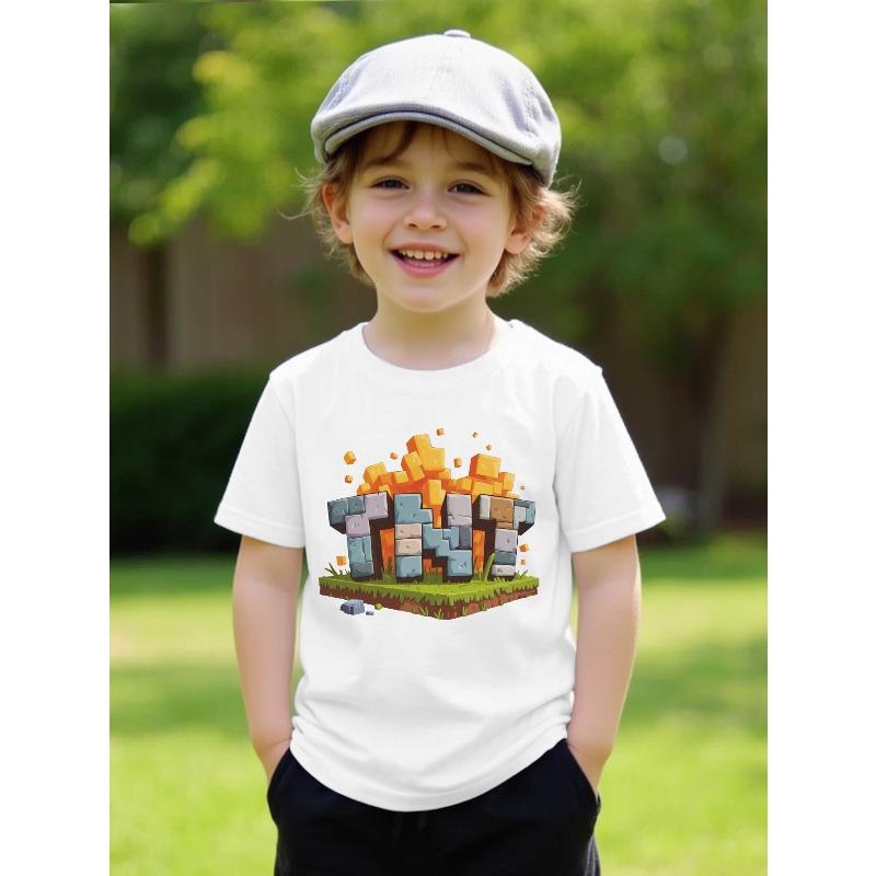 Boys TNT Print Crewneck Short Sleeve Tee, American Style Casual Summer Basic Top for Kids & Teens 110 белый