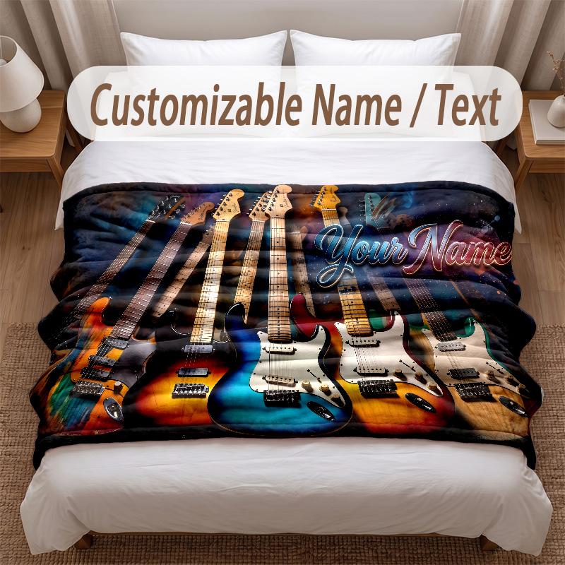 Music Guitar Theme Soft Blanket Personalized Custom Name Text Print Warm Blanket Home Sofa Bedroom Decor