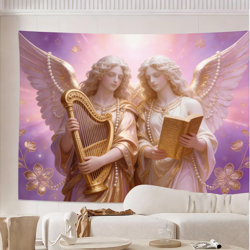 Luxurious Saint Michael Angel Golden  White Tapestry  Intricate Heavenly Design with Radiant Stars HighQuality Polyester Fab