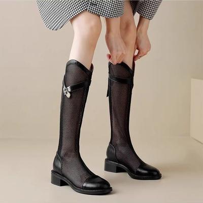 Stivali estivi da donna, stivali di lusso da donna con tacco basso, scarpe da donna per donna, tendenza 2024, comodi, da esterno, moda, stivali alti lunghi neri