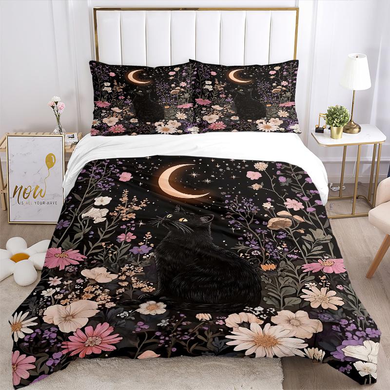 3pcs Creative Black Cat Flowers Starry Sky Pattern Bedding Three-Piece Set (1 Cover + 2 Pillowcases, No Fillings), This Printed Bedding Set