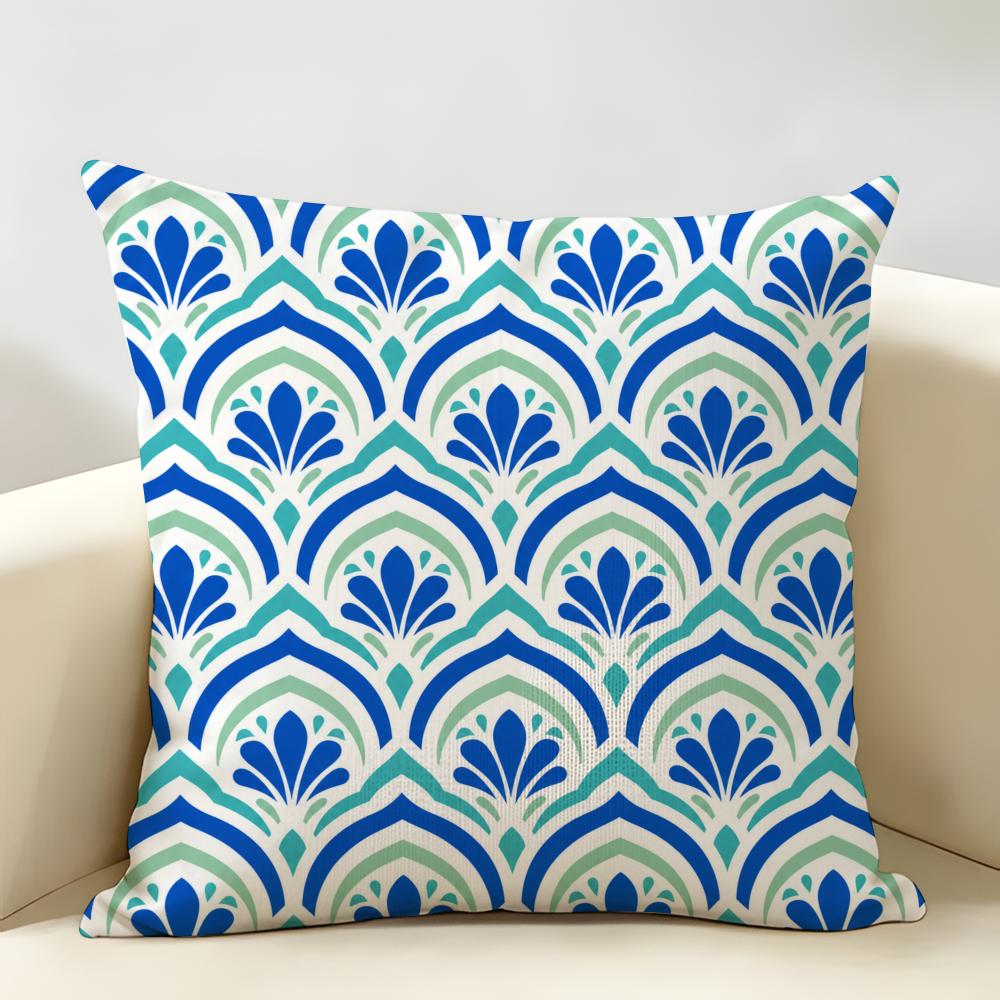 Art Deco Fan Pattern Cushion Cover Durable Hypoallergenic Organic Linen Short Pillow Cover Washable