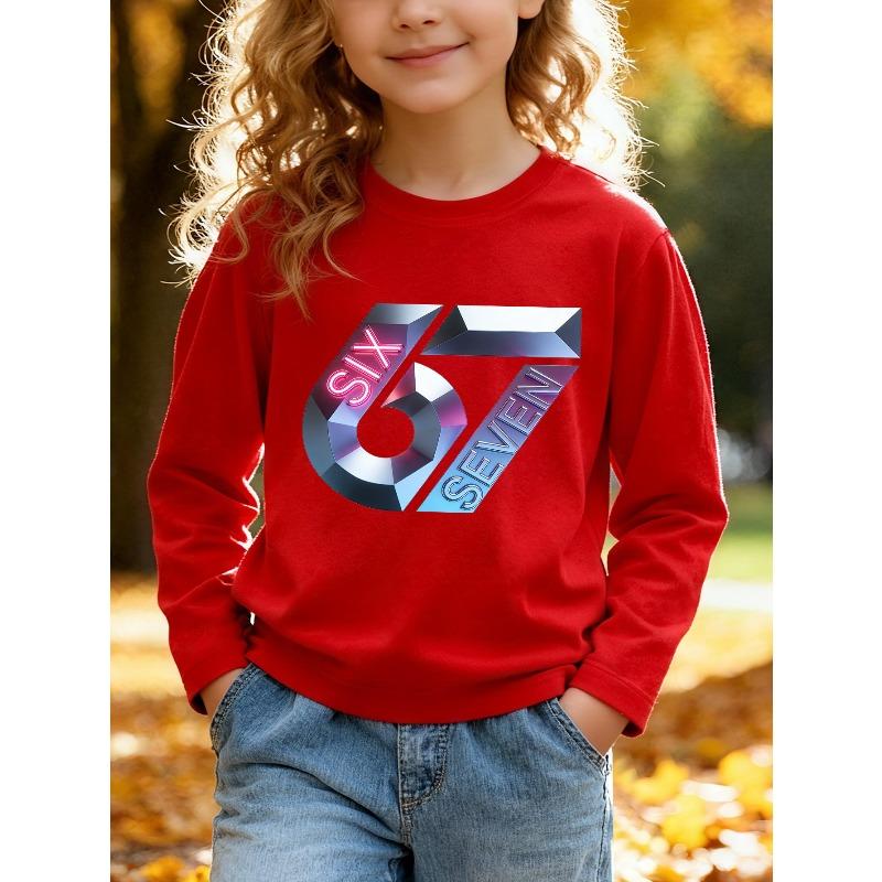Unisex Kids Black Long Sleeve Tee For 4-12 Boys Girls 3D Metallic Faceted Crystal Number 67 Neon Pink SIX Blue SEVEN Embossed Text Long Sleeve Top
