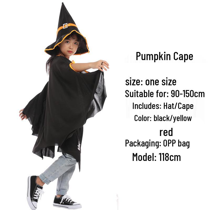Children's Witch Costume Set: Halloween Cape, Cloak, Hat, and Pumpkin Design