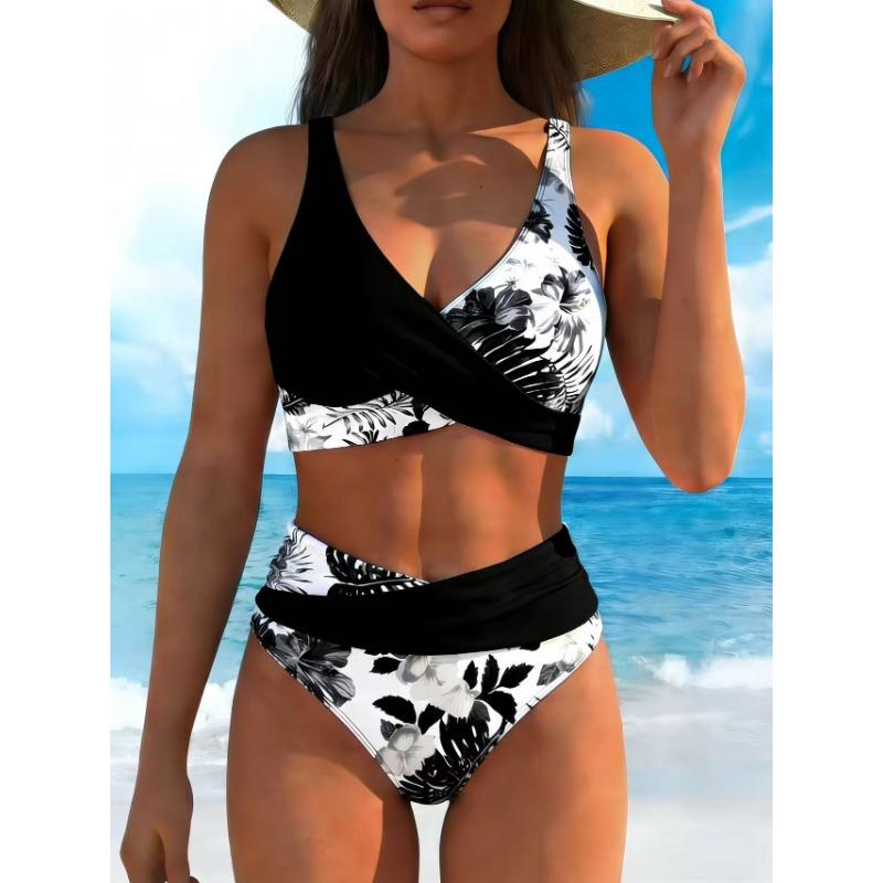 Women's Pink Floral Print High Waist Bikini Set, Color Block Wrap Two Piece Swimwear