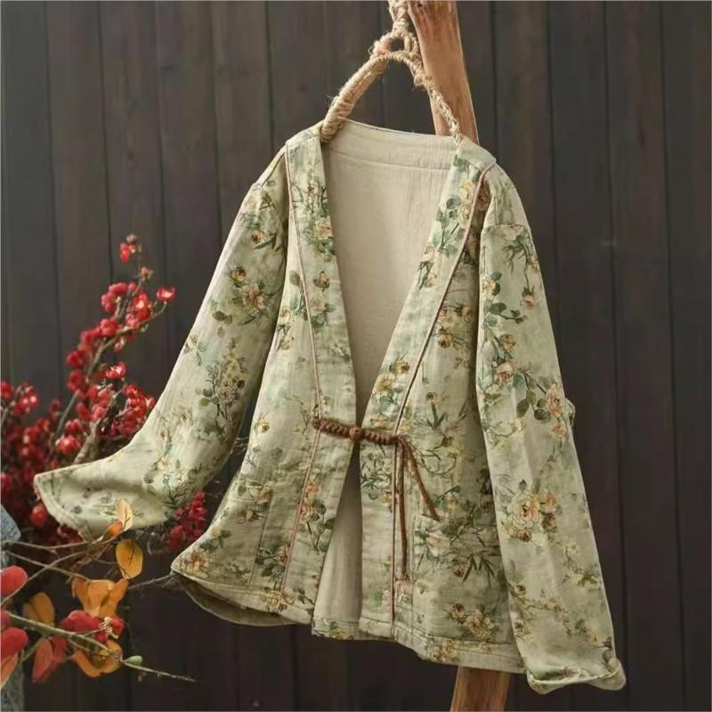 

Женское осеннее повседневное пальто в винтажном стиле с принтом и V-образным вырезом, длинное повседневное пальто в стиле ретро в китайском стиле One Size зелёный