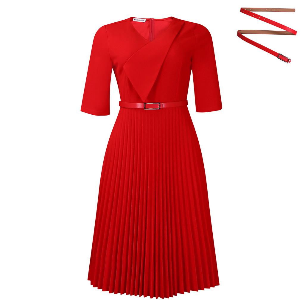 Women Plus Size V Neck Solid Color Short Sleeve High Waist Pleated A Line Dress