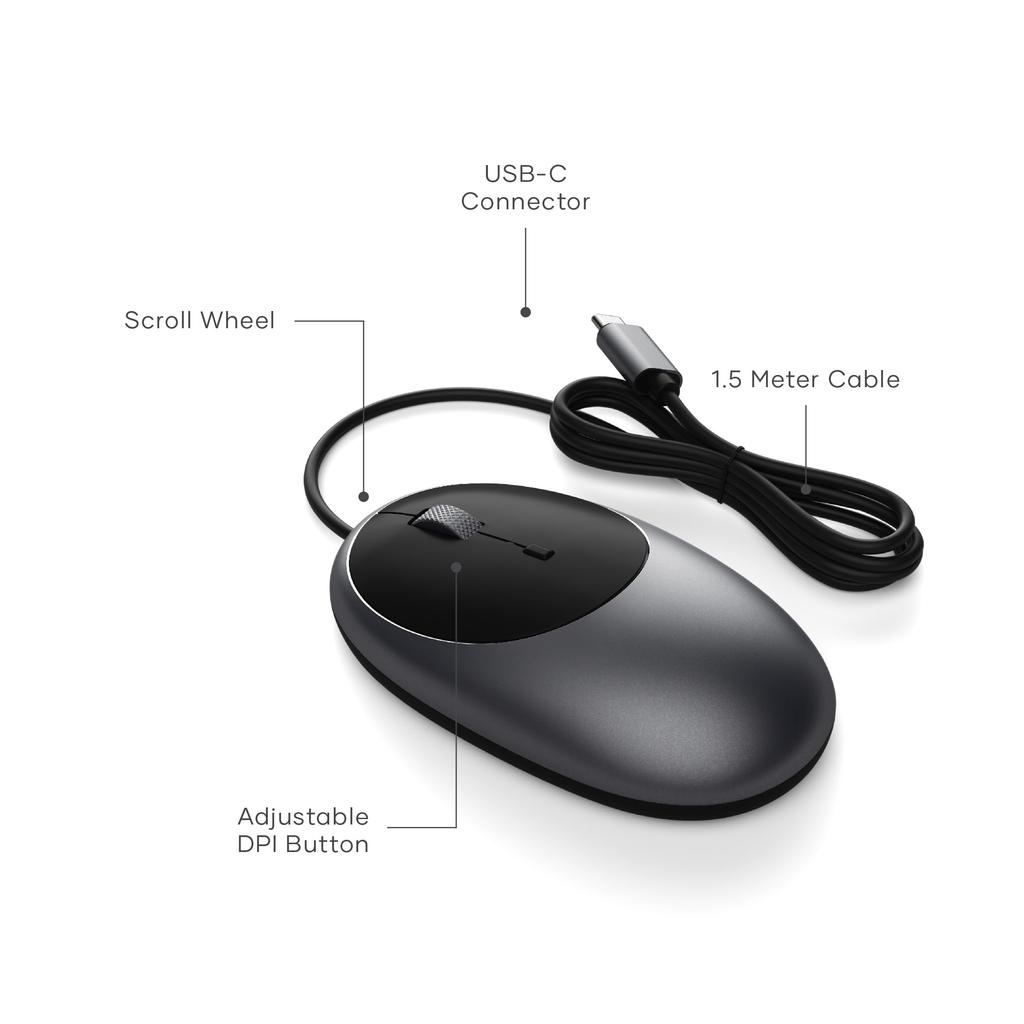 SATECHI Aluminum C1 Wired Optical Computer Mouse for MacBook Air Pro iPad Air Pro M4 iPad Mac and iMac Space Gray USB-C Mouse, & M4, & M3, Mini, Mini,