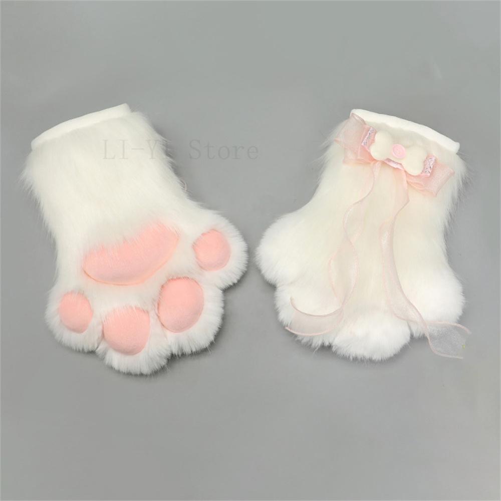 

Plush Animal Paw Gloves With Dog Bone Bowknot Decor Cute Kitty Cat Paw Hand Mittens Anime Cosplay Party Costume Accessories 1 Pair