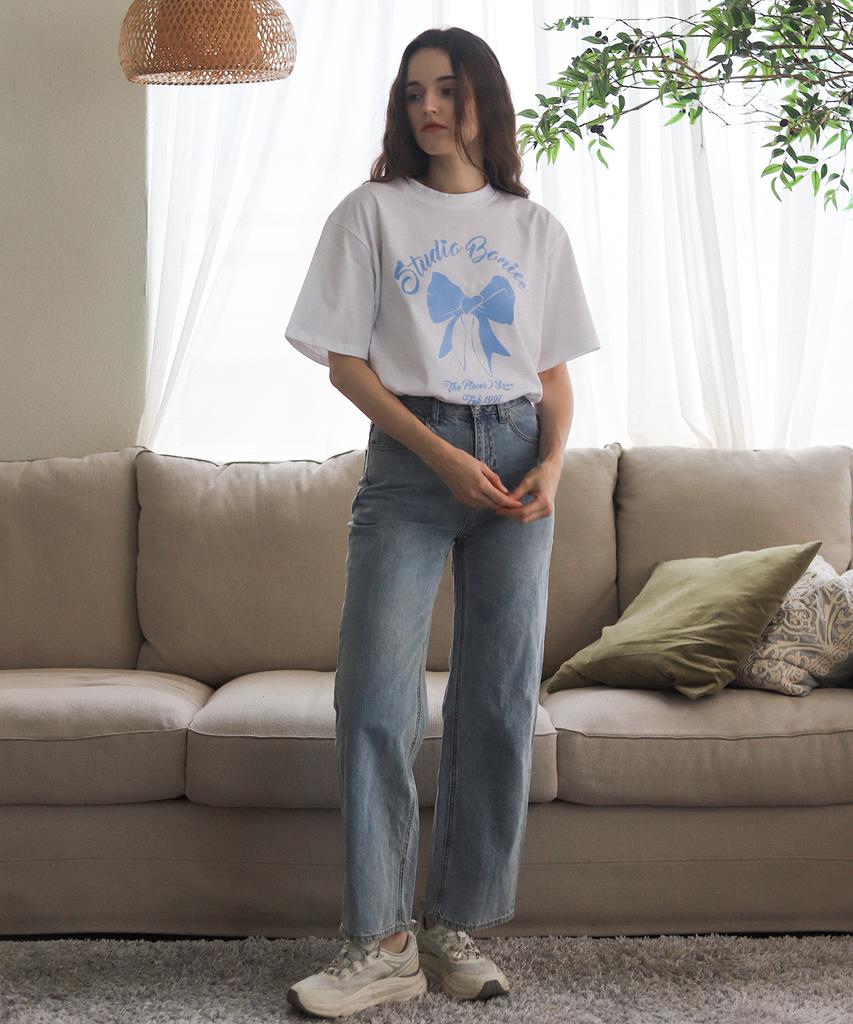 BONIEE Ribbon Graphic Loose Oversized T-Shirt White