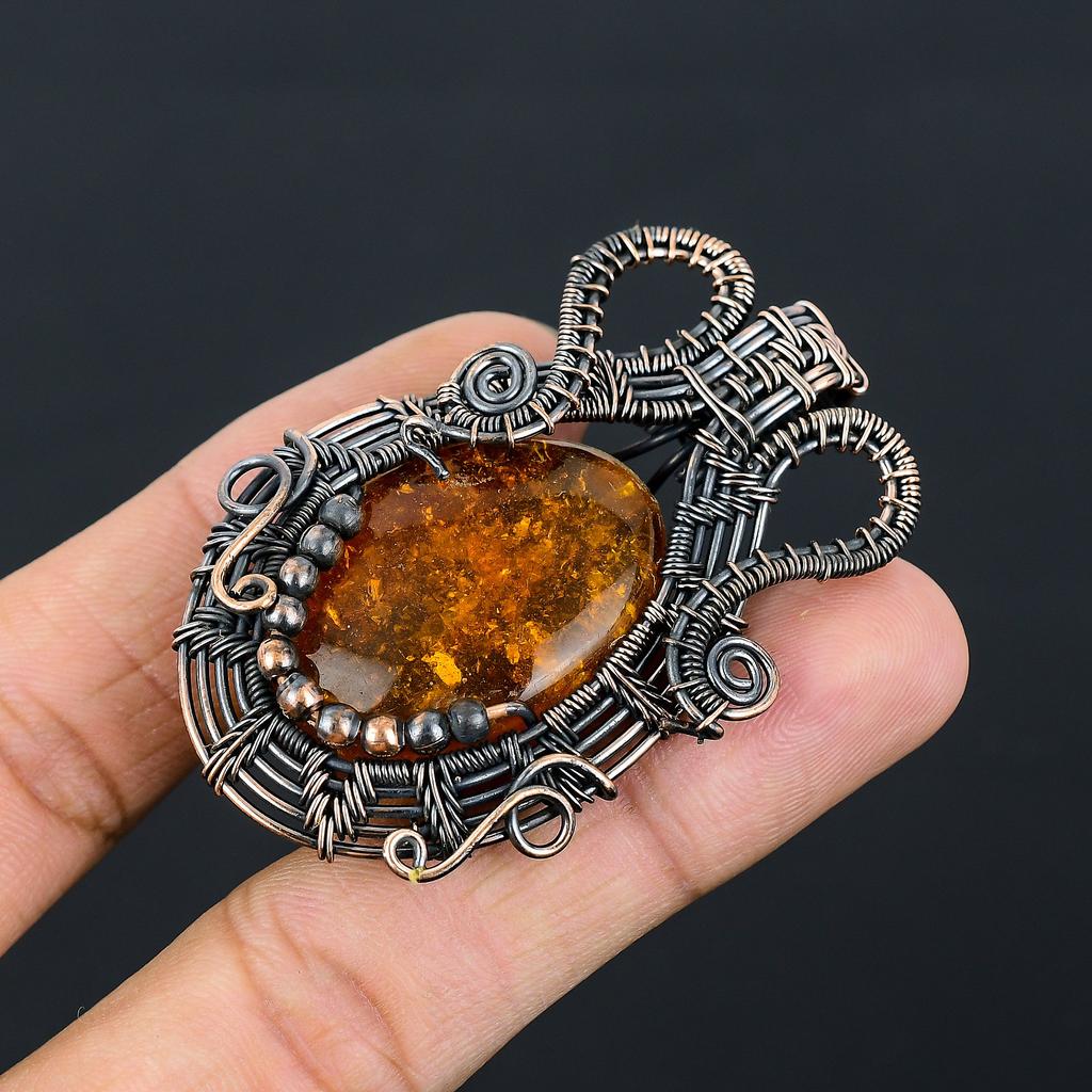 Natural Baltic Amber Gemstone Handmade Copper Wire Wrap Pendant 2.36" l2O86