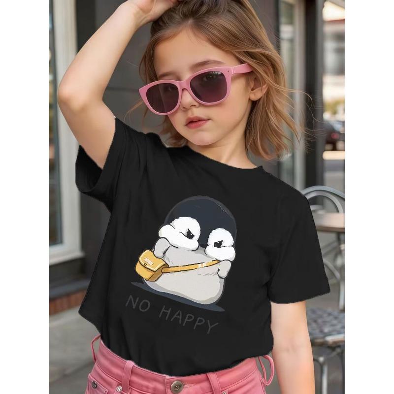 Girls Cute Penguin Print Crewneck Loose Summer Casual Short Sleeve T-Shirt