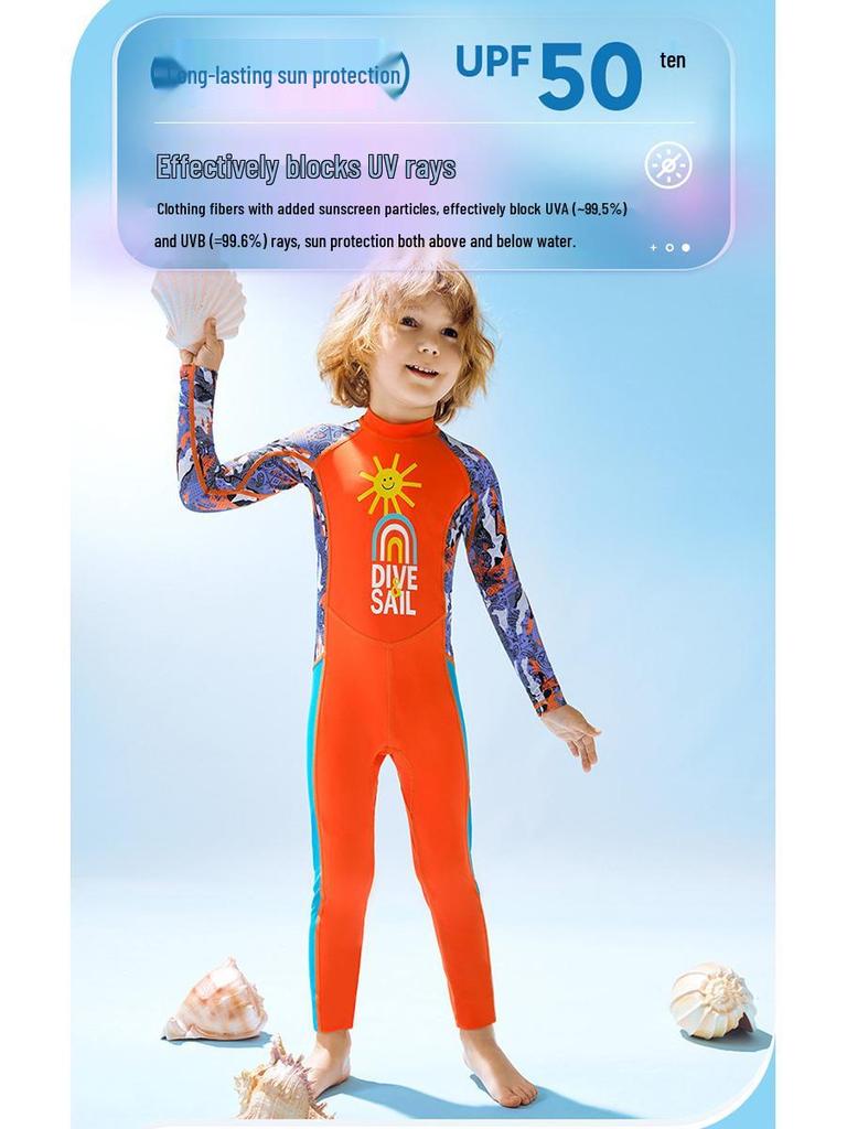 Boys' UPF50+ Long-Sleeve Quick-Dry Swimsuit for Training & Hot Springs