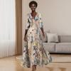 Women Maxi Dress V-Neck Half Sleeve High Waist Long Dress Floral Print Large Hem A-Line Dress Party Daily Wear