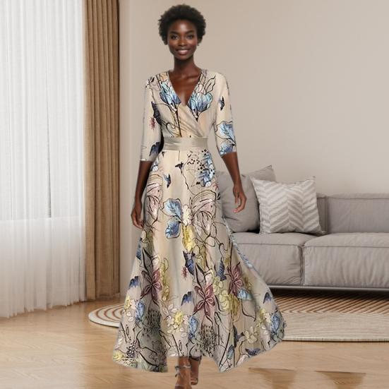 Women Maxi Dress V-Neck Half Sleeve High Waist Long Dress Floral Print Large Hem A-Line Dress Party Daily Wear