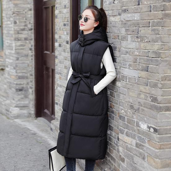 Colete feminino de inverno, acolchoado, com zíper, com capuz, ajuste solto, cintura ajustável, sem mangas, cor sólida, à prova de vento, retenção de calor