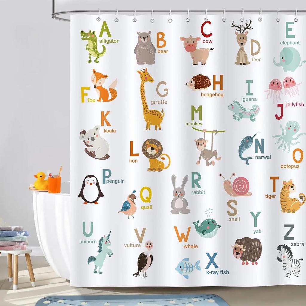 Cartoon Animal Alphabet Shower Curtain Kids ABC Educational Learning Tools Baby Girls Boys Colourful Bath Curtain Bathroom Dec