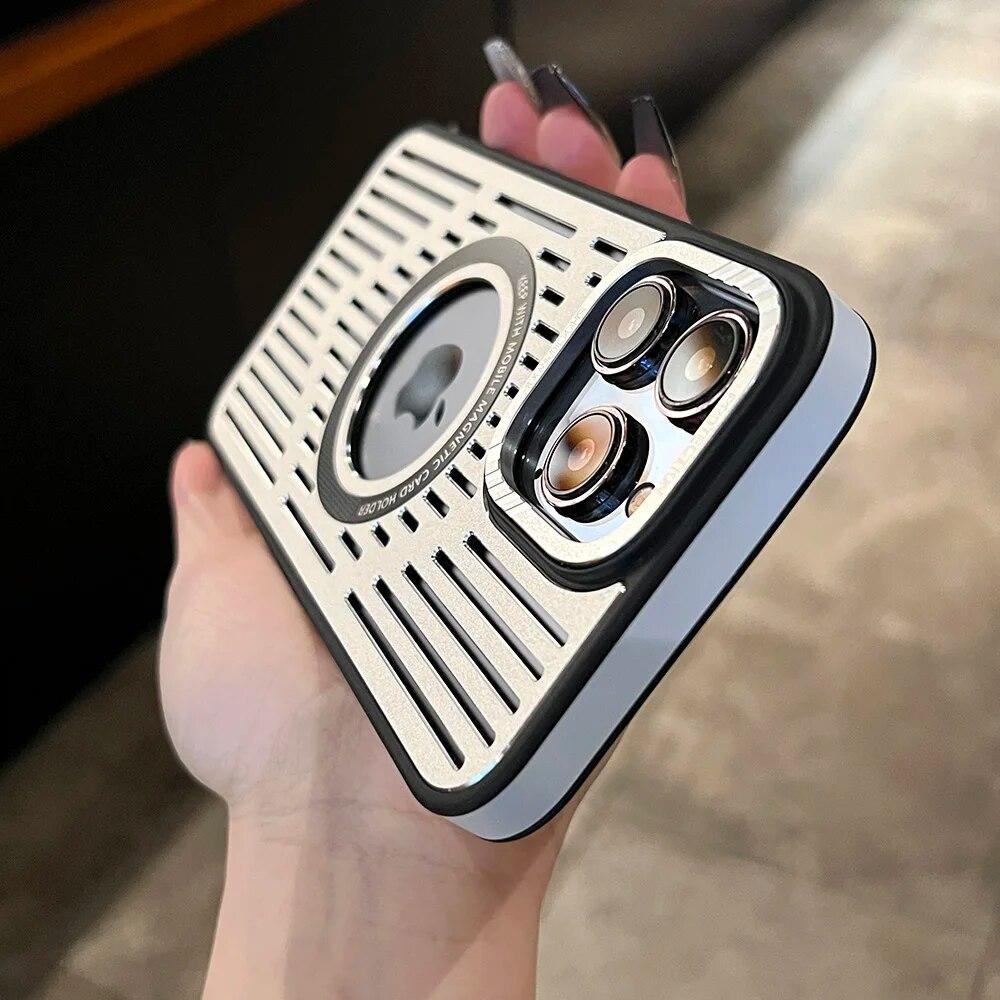 Luxury Metal Armor Case for Magsafe Case for IPhone 15 14 13 12 Pro Max Wireless Charge Magnetic Heat Dissipation Cooling  Hole Shockproof Cover