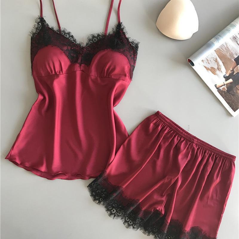 2019 Women's Sexy Summer Ice Silk Suspender Pajamas Set with Shorts - Plus Size Thin Homewear