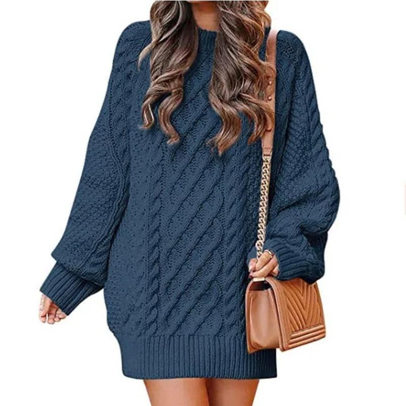 2025 New Women's Oversized Chunky Knit Dress | Cable Crew Neck Long Sleeve Sweater | Warm Mid-Length Pullover for Winter AW25 Fashion (S-3XL)