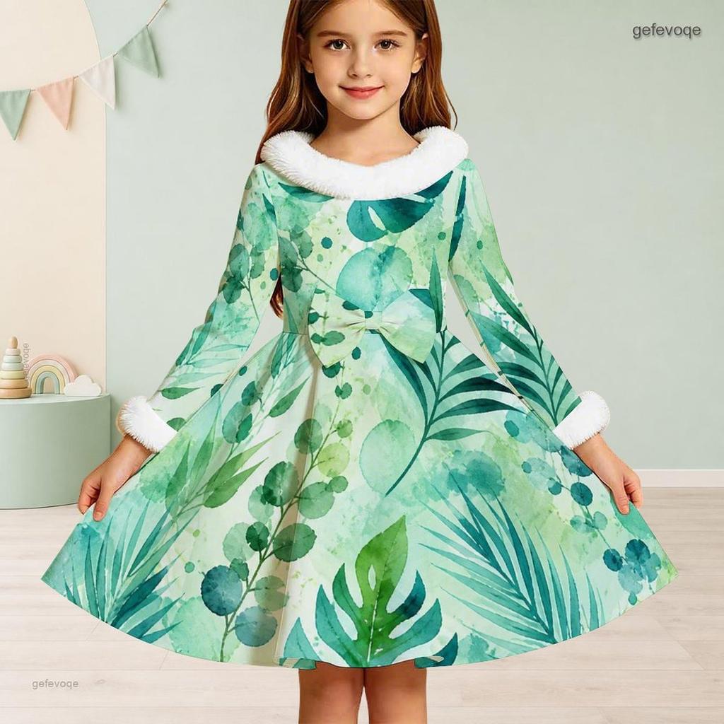 Girls White Furry Collar Long Sleeve Green Blue Leaf Printed Bow Waist A Line Flared Dress