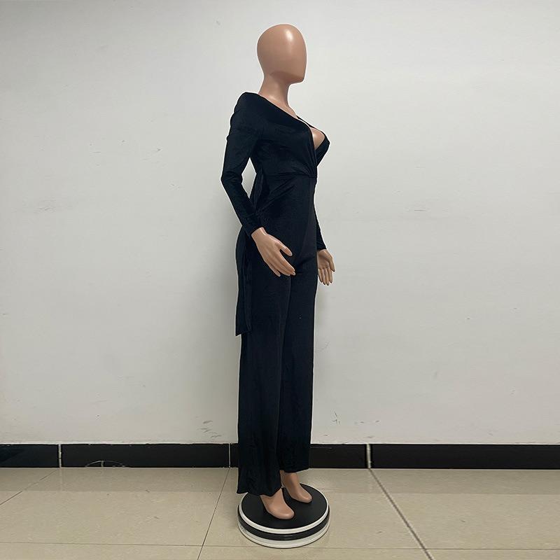 Women's Solid Color Deep V Long Sleeve High Waist Wide Leg Jumpsuit