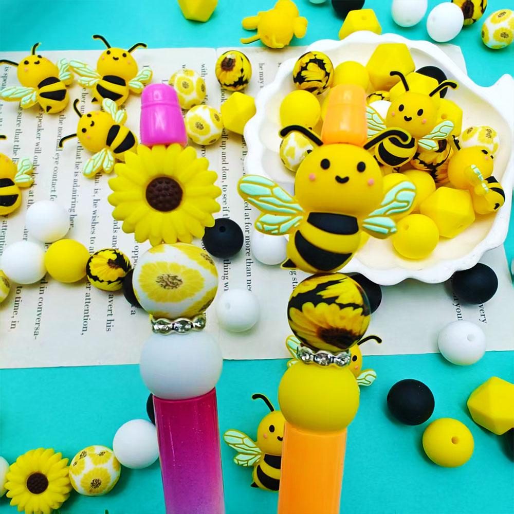 54PCS Bee Daisy Silicone Bead Set, perfect for DIY handmade crafts such as keychains, necklaces, bracelets, etc