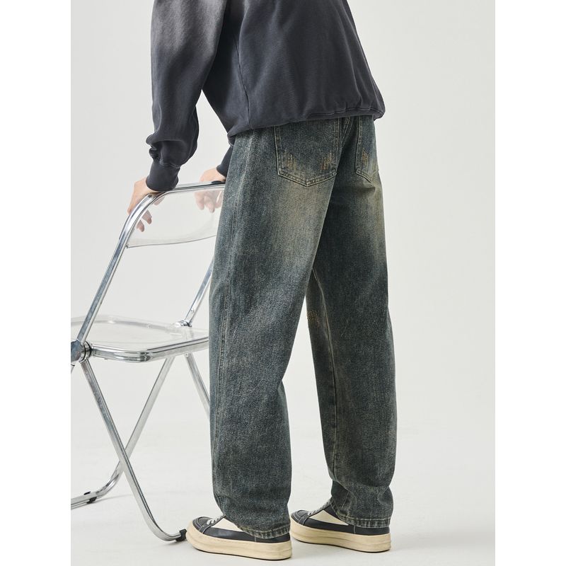 Wassup American Retro Distressed Gradient Washed Jeans Men's Casual Straight-Leg Versatile Long Pants for Teenagers