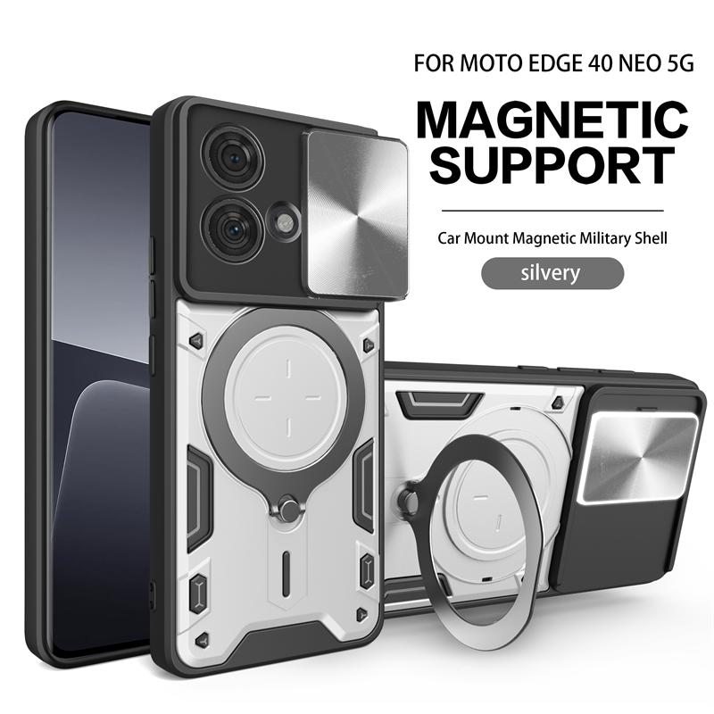 For Motorola Edge 40 Neo Case Slide Camera Lron Ring Protection Stands Kickstand Phone Case For Moto Edge 40 Neo 5G Back Cover