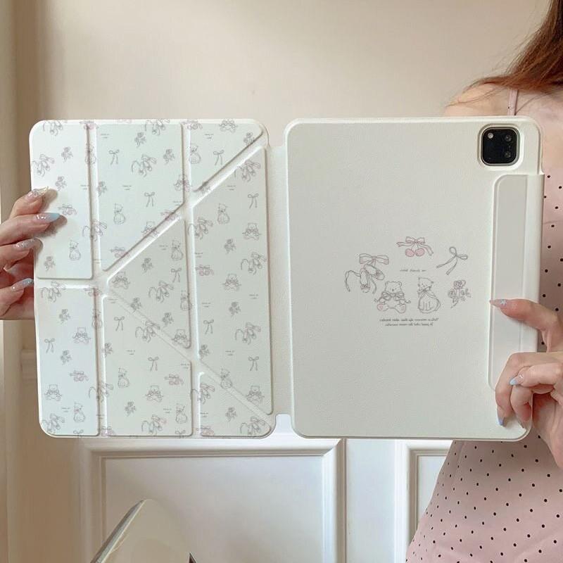 Cartoon Bear Cat IPad Case With Magnetic Detachable Design Stand Pen Slot Pro Air Mini