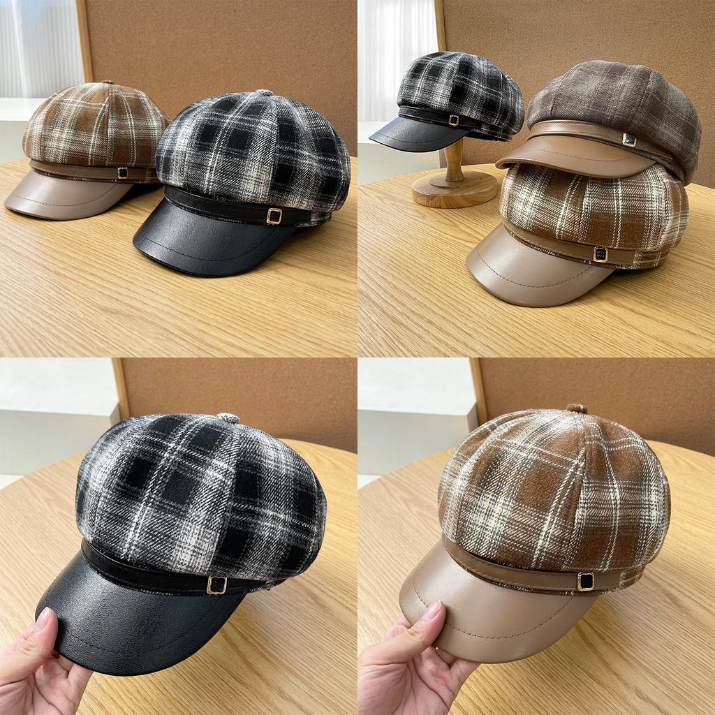 Octagonal Hat Women Autumn Winter Pu Leather Plaid Brim Casual Fashion Accessory For Travel